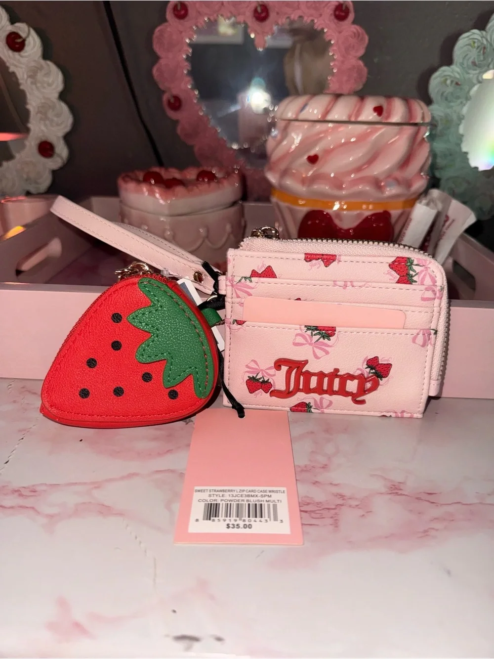 Juicy Couture Sweet Strawberry Zip Card Case Wristlet with Strawberry Coin Pouch